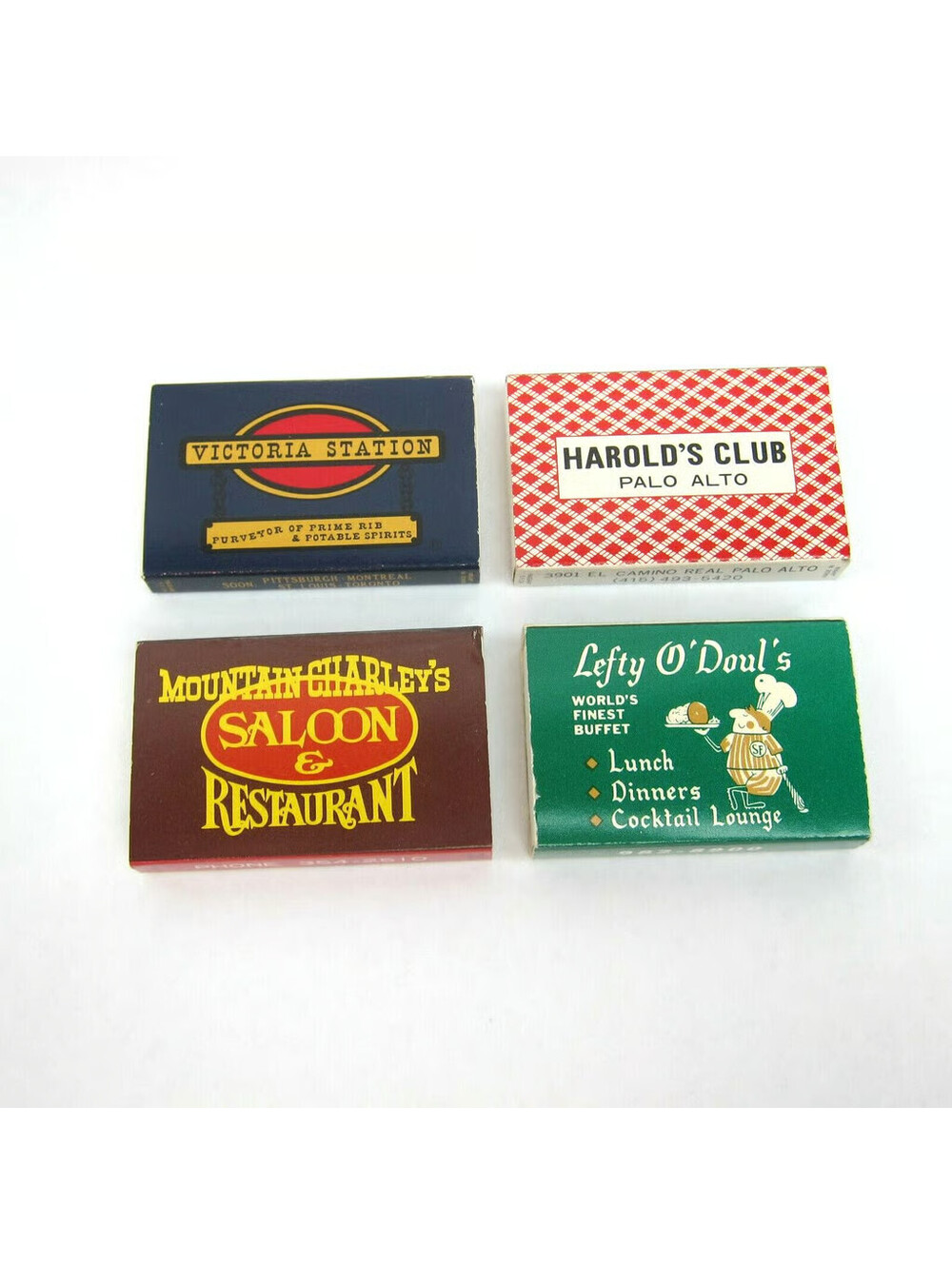 4 Vintage Matchboxes Victoria Station Harold Club Mountain Charleys Lefty Douls